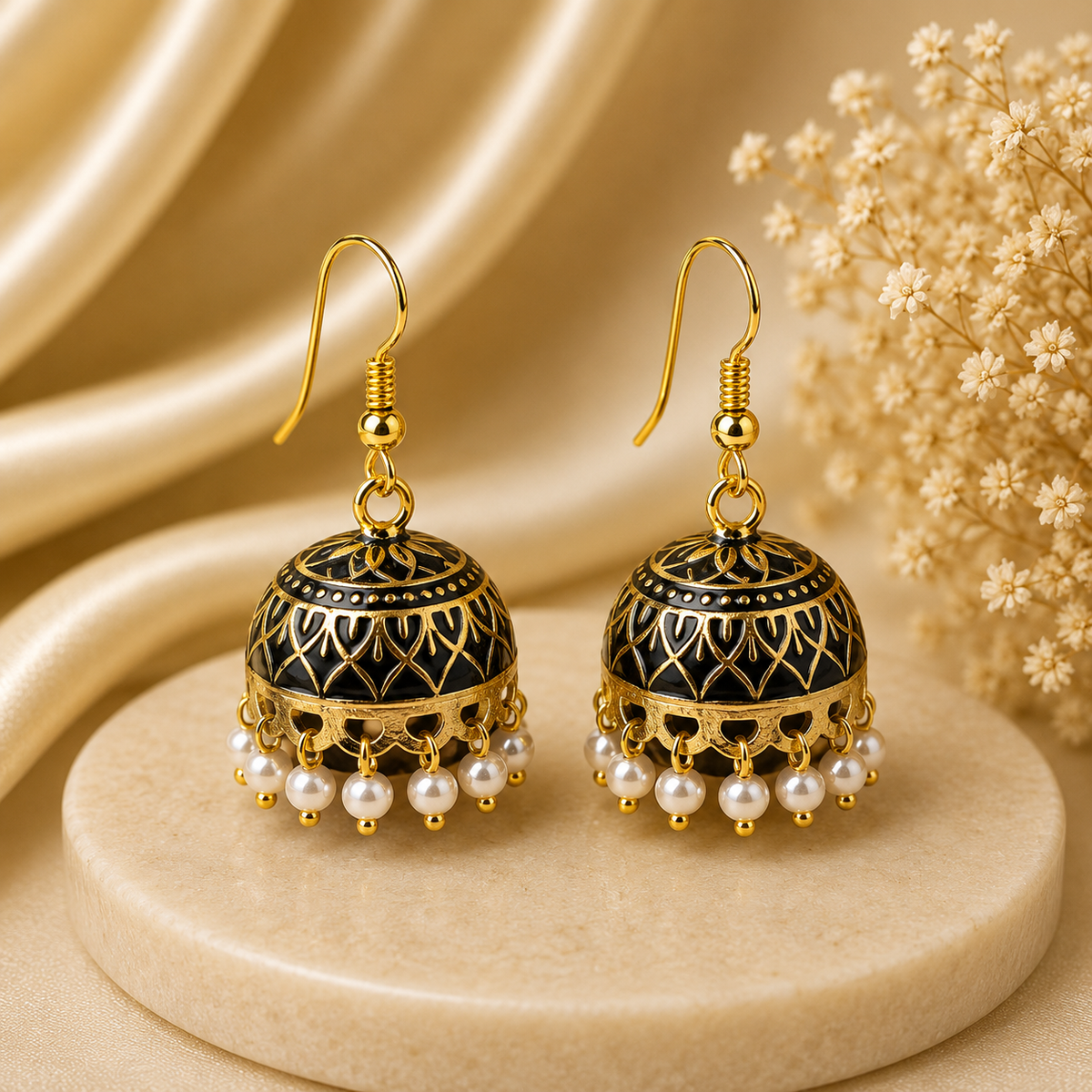 Classic Black Hand Painted Jhumka Hook Dangle Earring