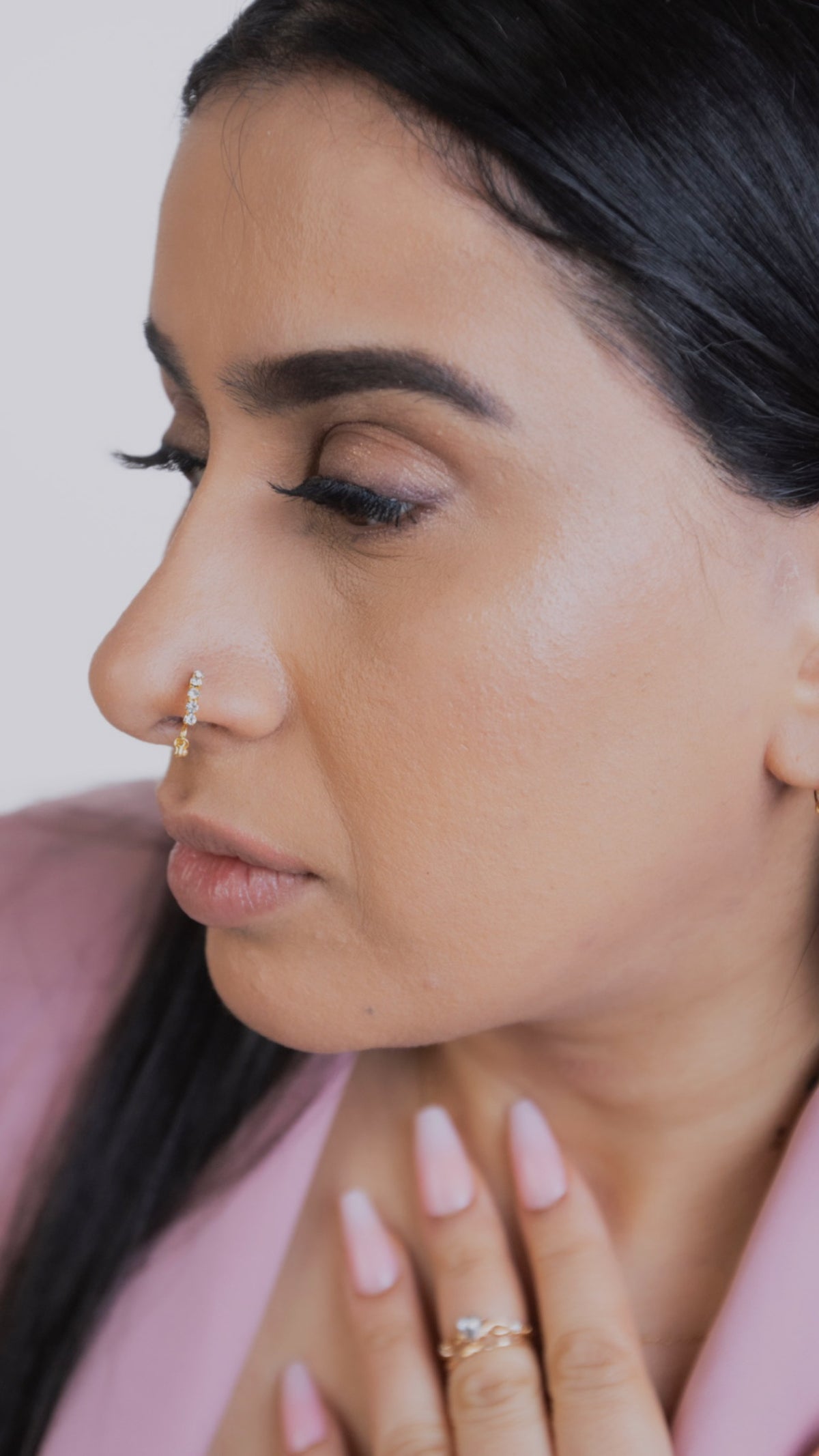 5 Stone Ball Dangle Gold nose ring for pierced nose