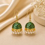Pearl Emerald Green Hand Painted Jhumka Hook Dangle Earring