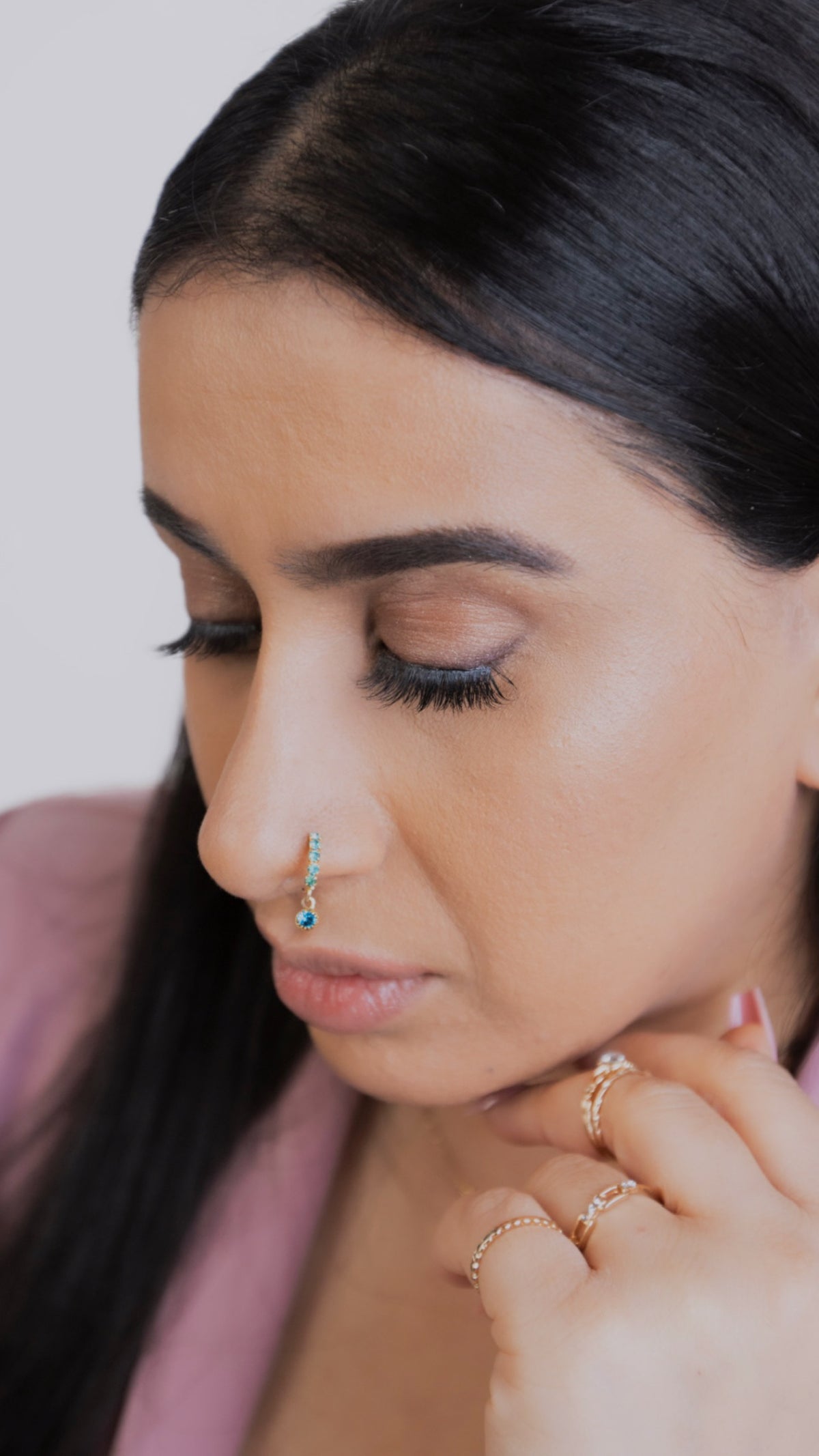 Light Blue Big Gem Dangle nose ring for pierced nose