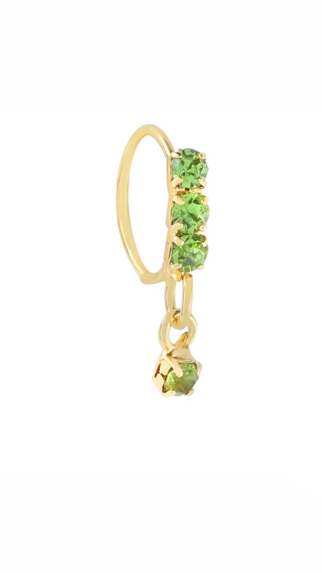 Green Thick 3 Stone Gold Dangle Nose Ring For a Pierced Nose