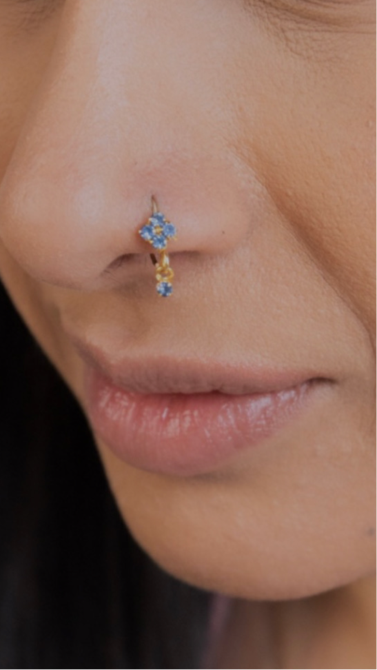 Light Blue Square Small Gem Dangle Gold Nose Ring For Pierced Nose