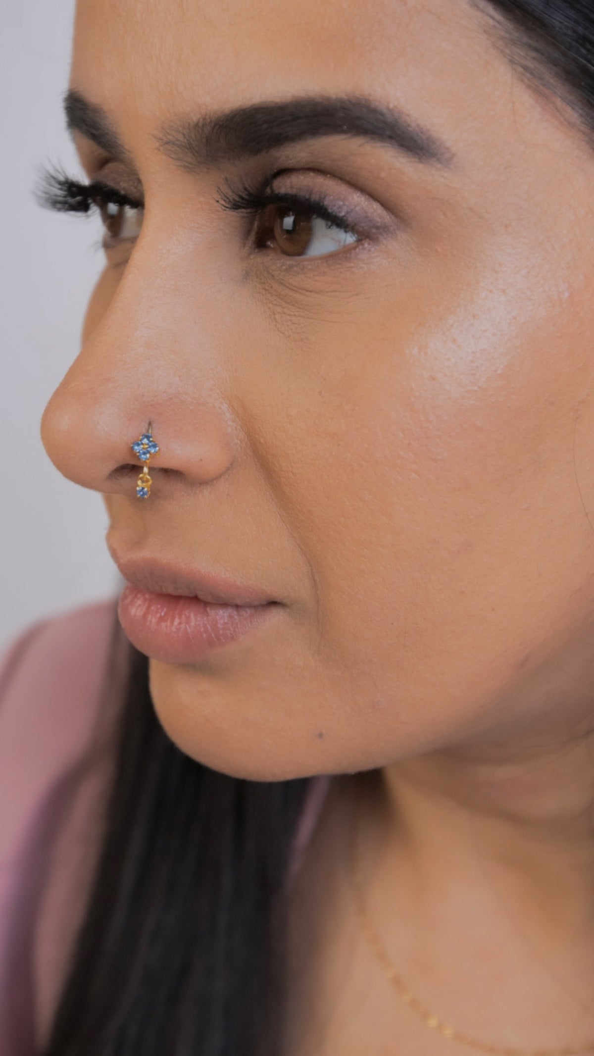 Light Blue Square Small Gem Dangle Gold Nose Ring For Pierced Nose