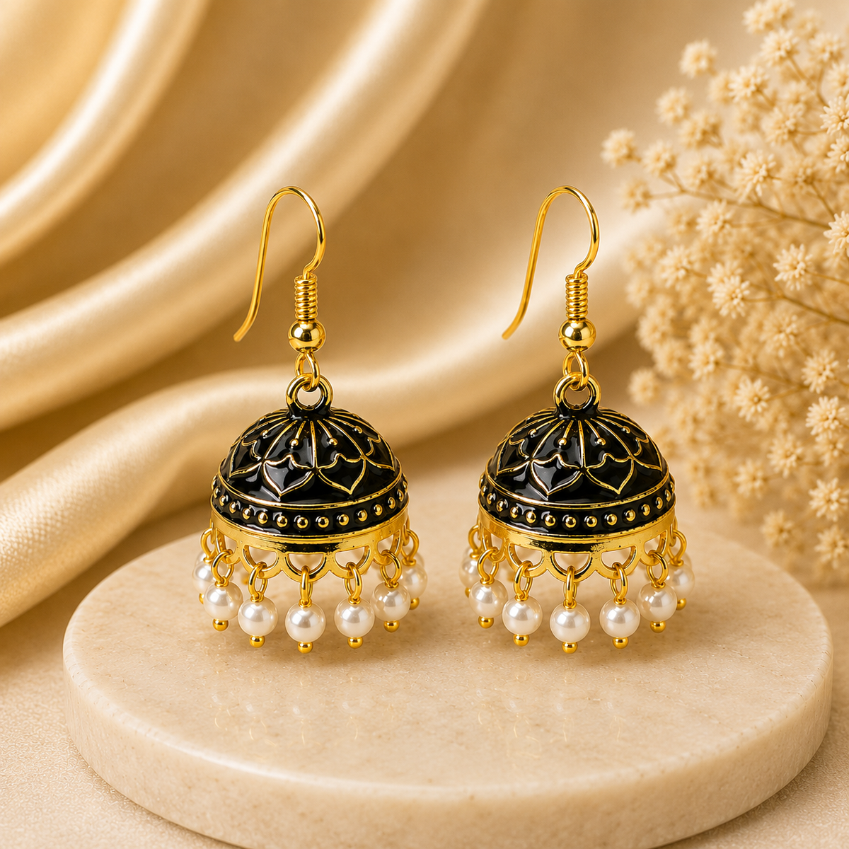 Pearl Black Hand Painted Jhumka Hook Dangle Earring