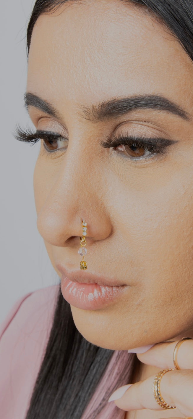 3 stone gold double dangle nose ring for pierced nose