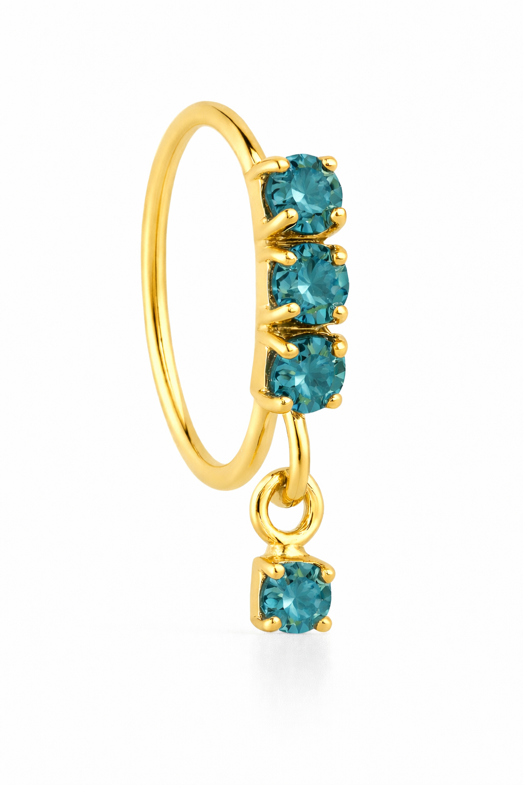 Teal 3 Stone Thick Dangle Gold Nose Ring For a Pierced Nose