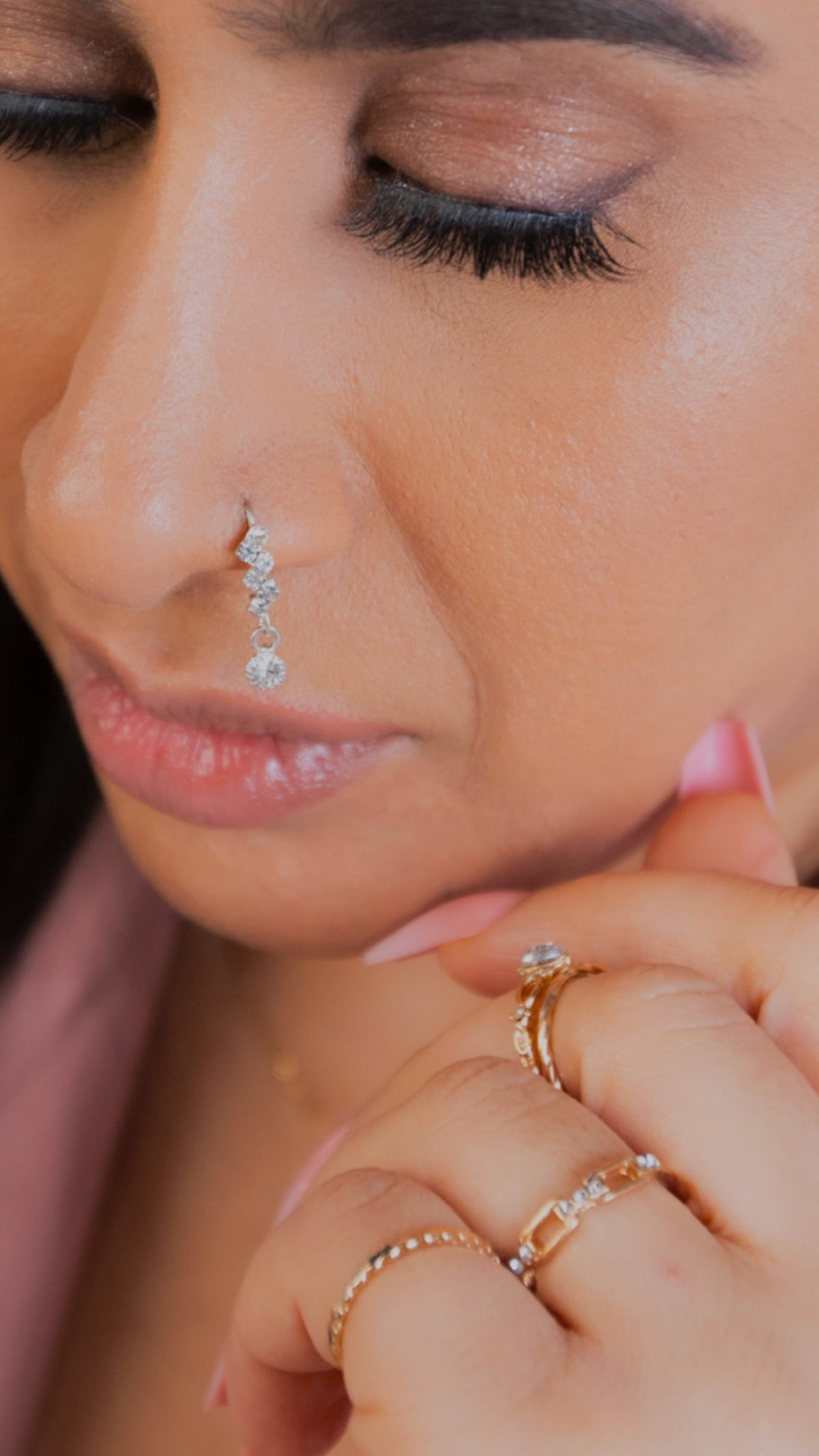 Silver Zig Zag Gem Dangle Nose Ring for pierced nose