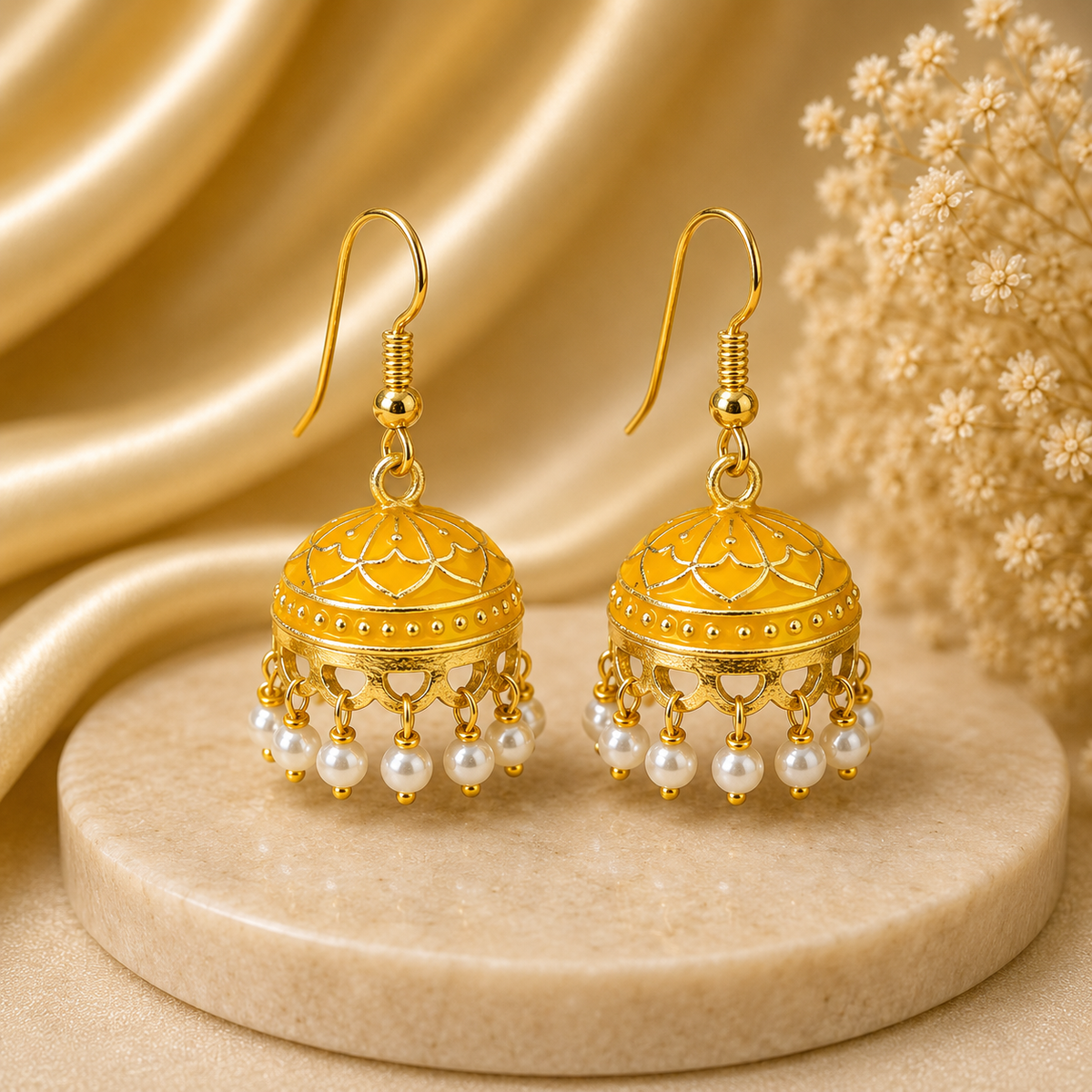 Pearl Yellow Hand Painted Jhumka Hook Dangle Earring
