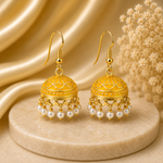 Pearl Yellow Hand Painted Jhumka Hook Dangle Earring