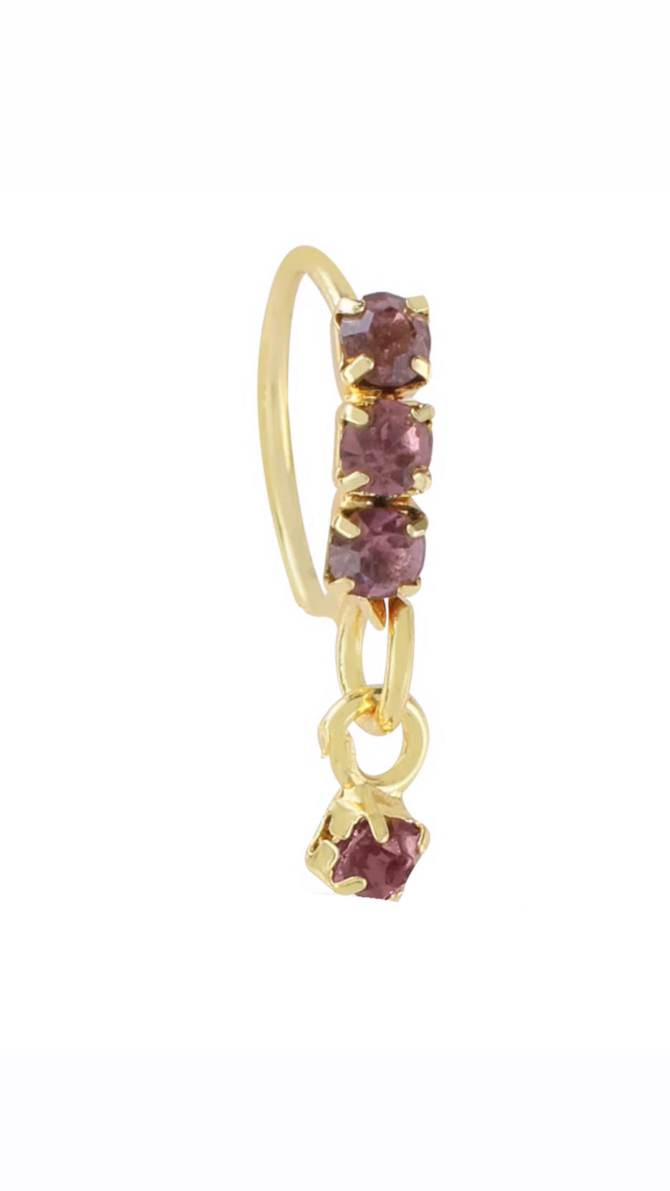 Purple Thick 3 Stone Gold Dangle Nose Ring For a Pierced Nose