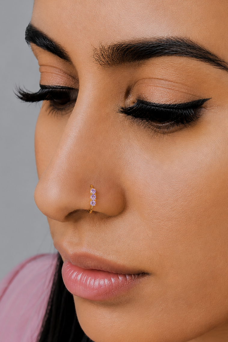 Lilac 3 Stone Gold Nose Ring For Pierced And Non Pierced Nose