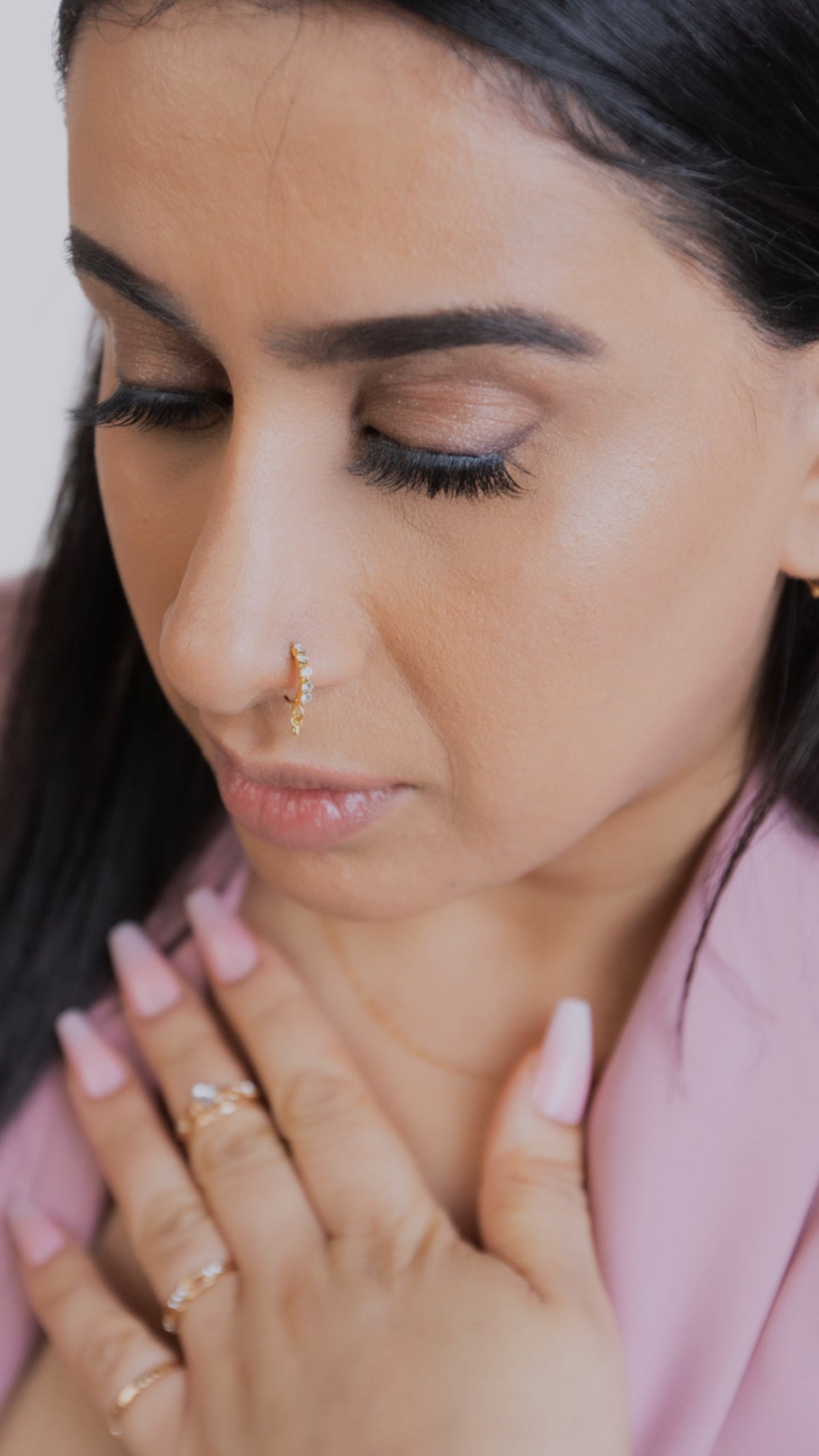 5 Stone Ball Dangle Gold nose ring for pierced nose