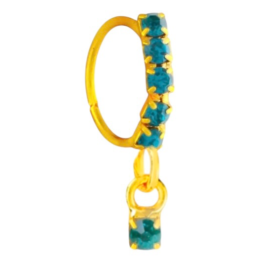 5 Stone Teal Dangle Gold Nose Ring For Pierced Nose