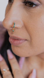 5 Stone Teal Dangle Gold Nose Ring For Pierced Nose