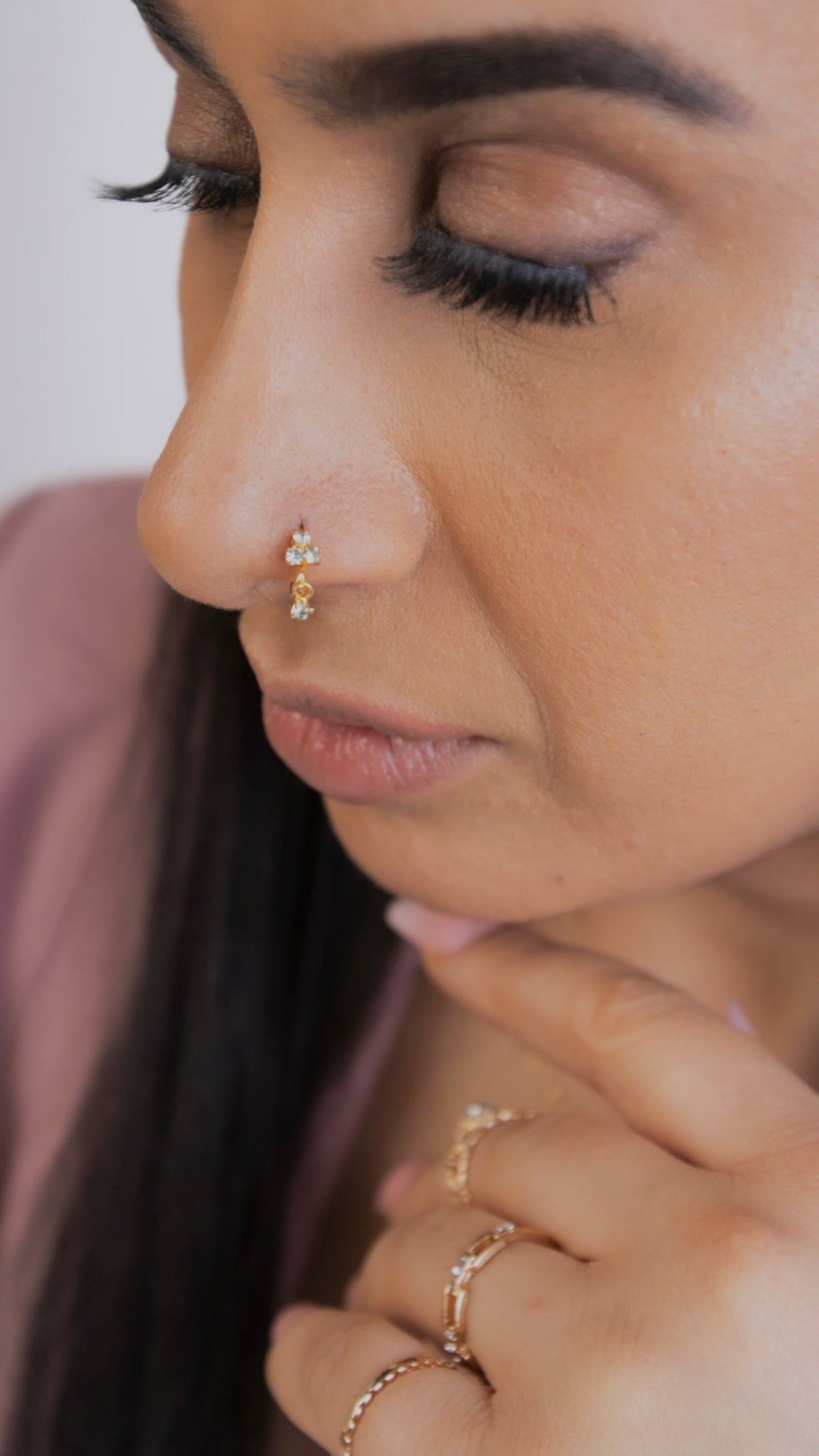 Dainty Small Gem Dangle Gold Nose Ring for pierced nose