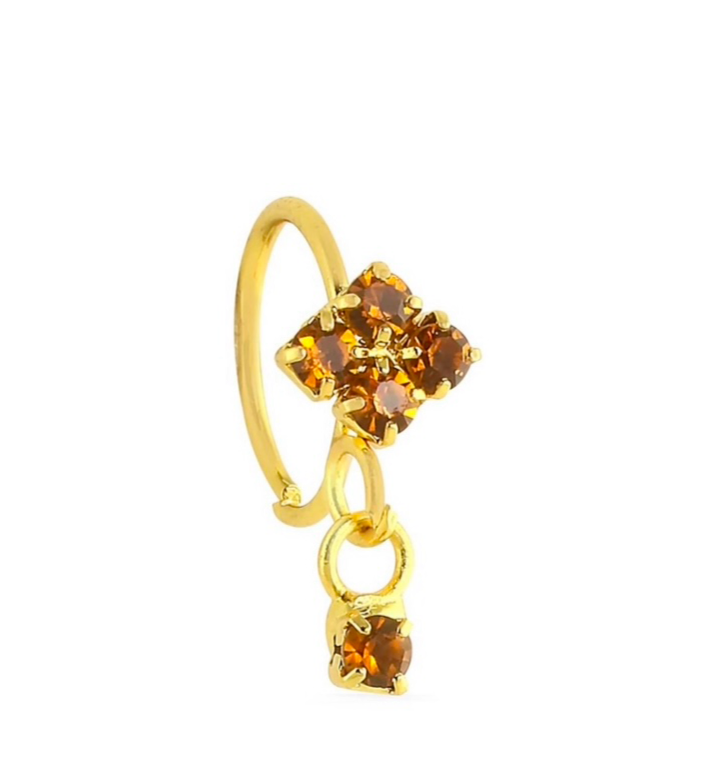 Brown Square Small Gem Dangle Gold Nose Ring For Pierced Nose