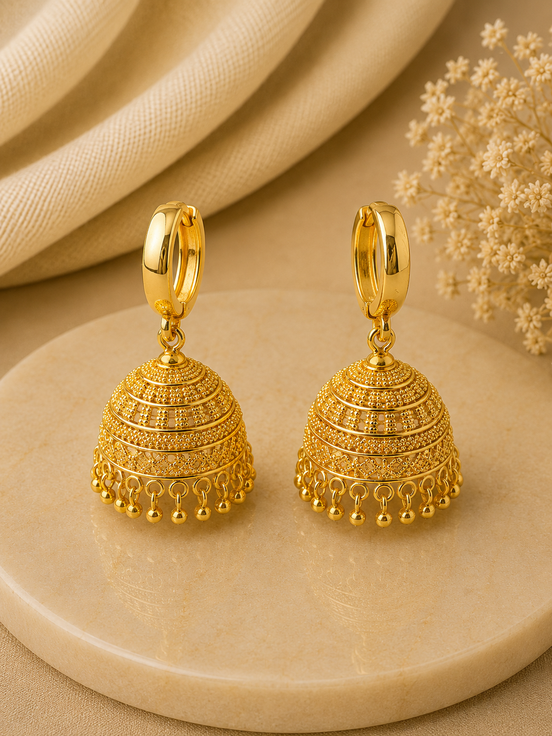 Large Dome Round Dangle Gold Hoop Jhumka