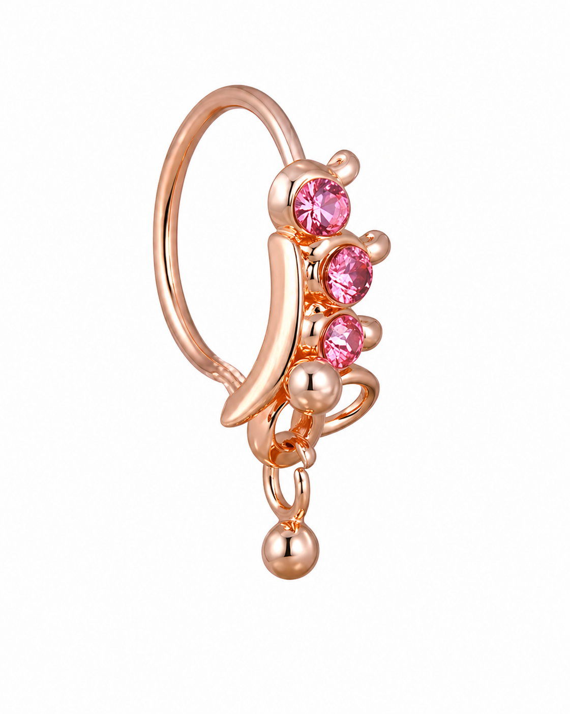 Pink Crown 3 Pink Stone Ball Dangle Nose Ring for Pierced Nose