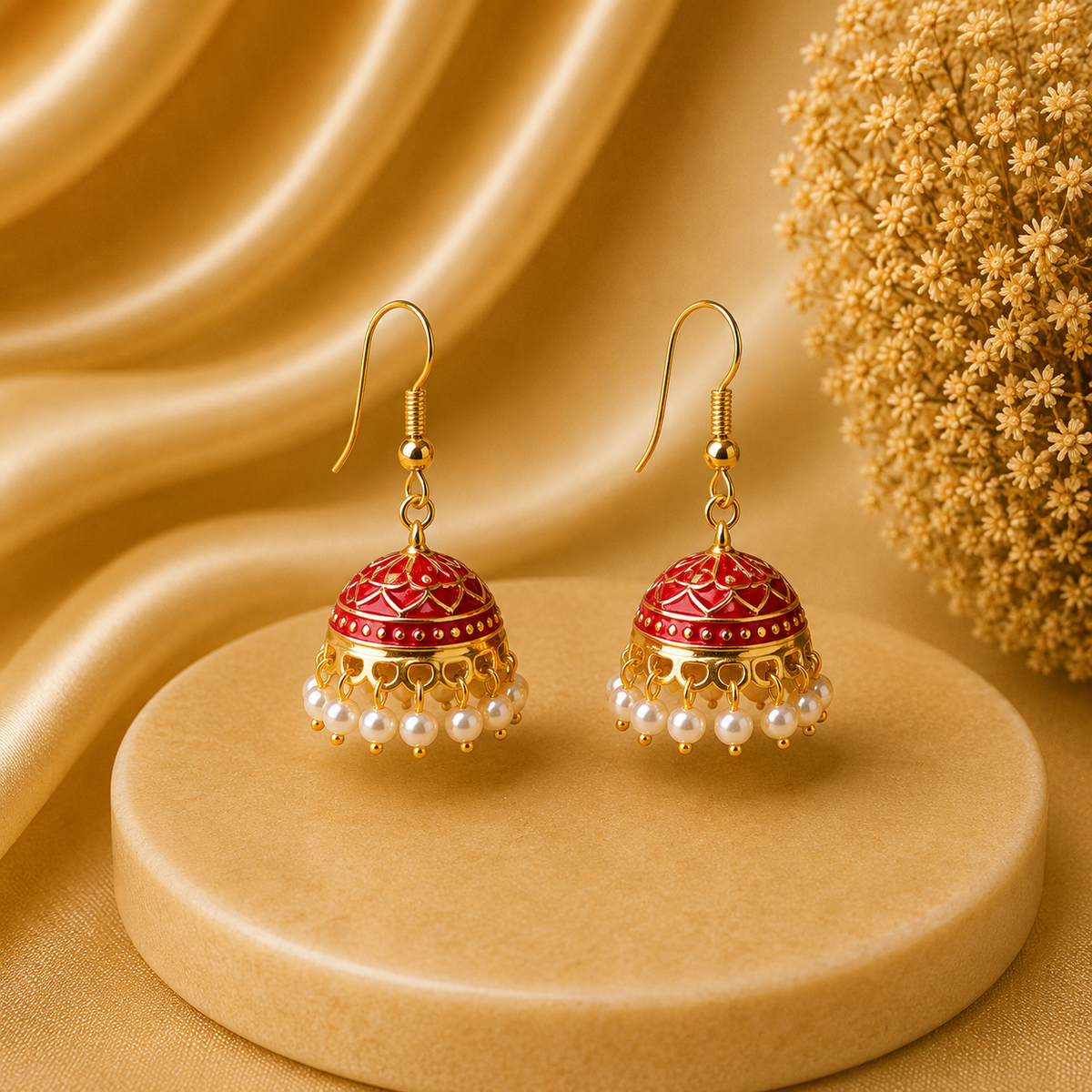 Pearl Deep Red Hand Painted Jhumka Hook Dangle Earring