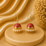 Pearl Deep Red Hand Painted Jhumka Hook Dangle Earring