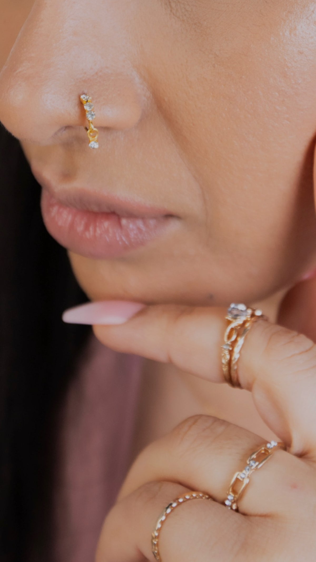 3 Stone Gold Dangle Nose Ring For a Pierced Nose