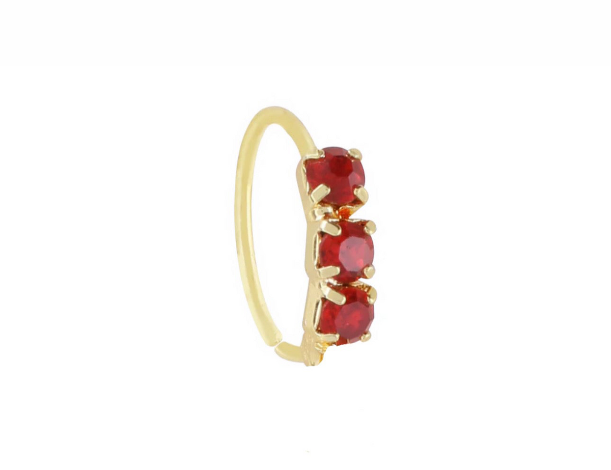 Red thick 3 stone Gold Nose Ring for pierced and non pierced nose