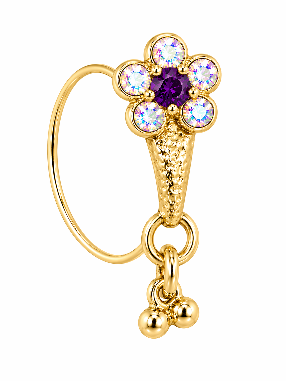 Rainbow Purple Flower Stone Dangle Nose Ring For Pierced Nose