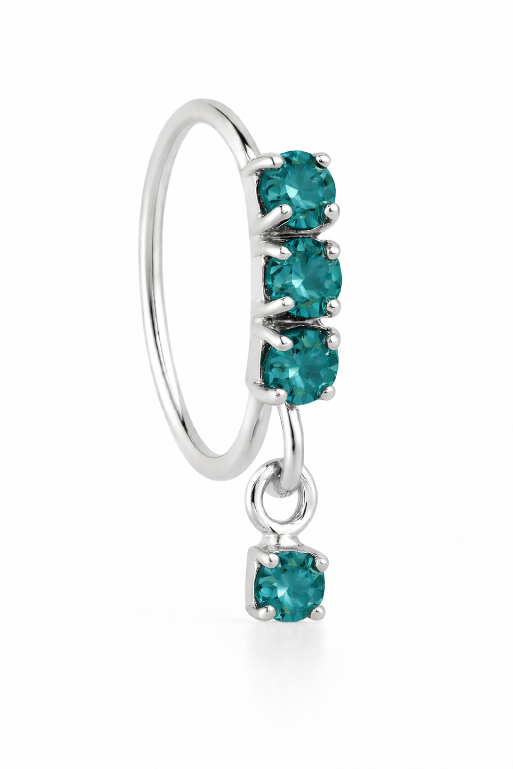 Teal 3 Stone Thick Dangle Silver Nose Ring For a Pierced Nose
