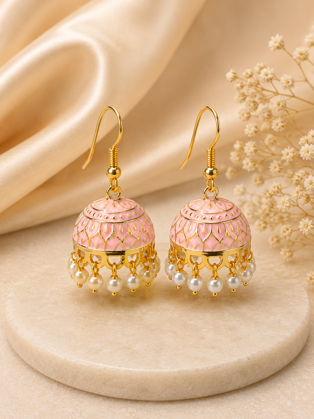 Classic Pastel Light Pink Hand Painted Jhumka Hook Dangle Earring