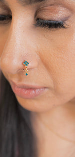 Teal Square Small Gem Dangle Gold Nose Ring For Pierced Nose