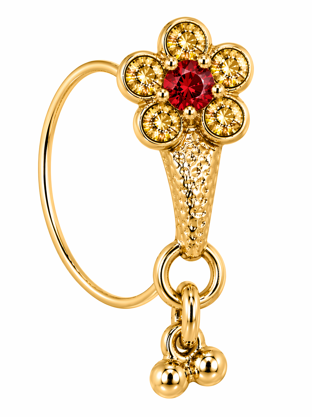 Ruby Red Flower Gold Stone Dangle Nose Ring For Pierced Nose