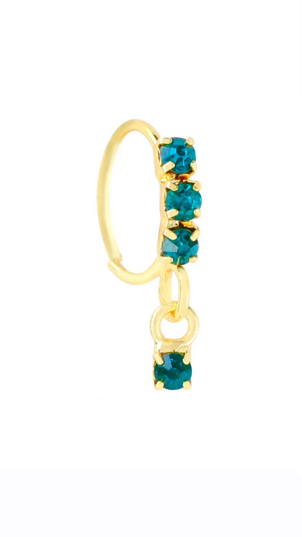 Light Blue Thick 3 Stone Gold Dangle Nose Ring For a Pierced Nose