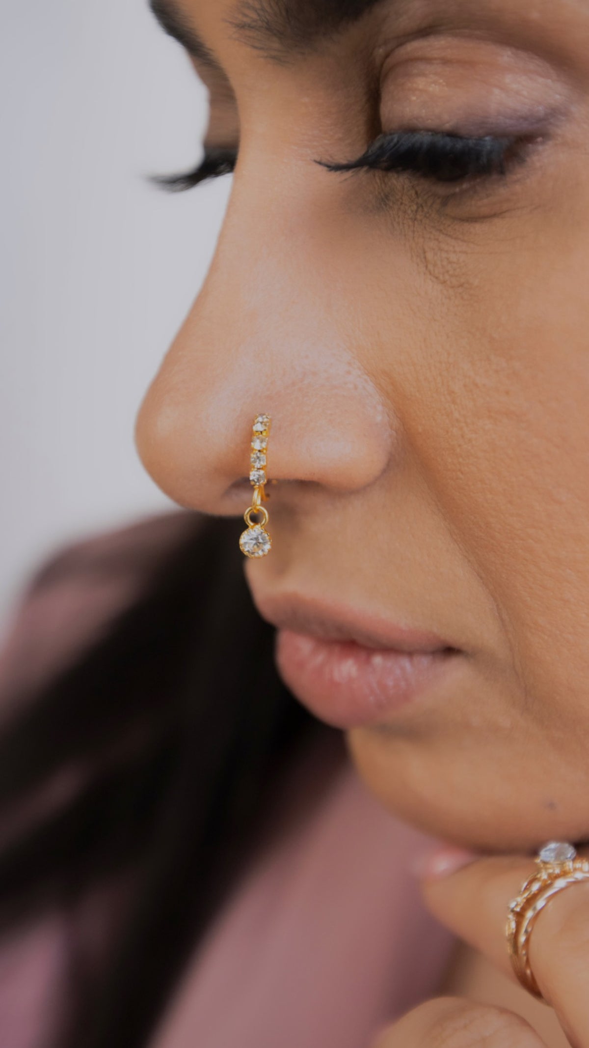 5 stone big gem dangle gold nose ring for pierced nose