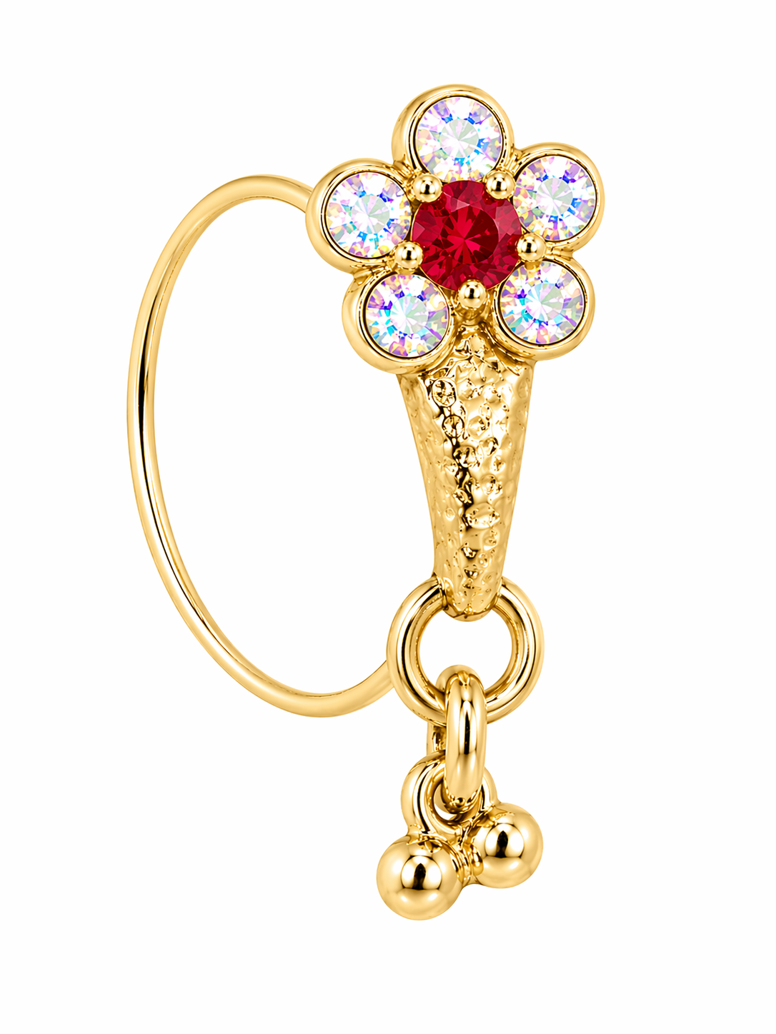Rainbow Ruby Red Flower Stone Dangle Nose Ring For Pierced Nose