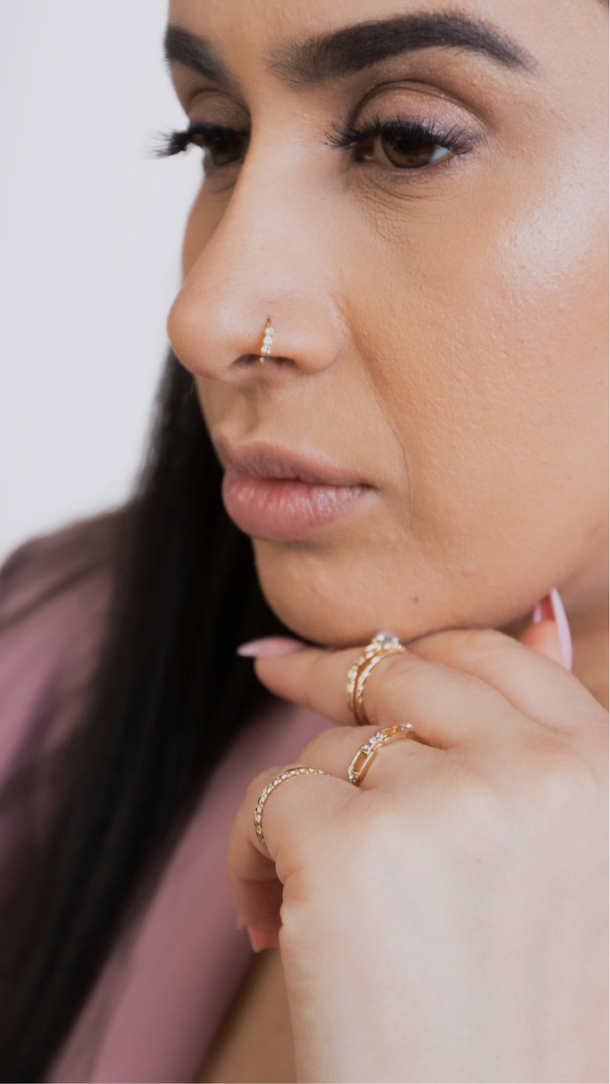 3 Stone Gold Nose Ring for Pierced & Non Pierced Nose