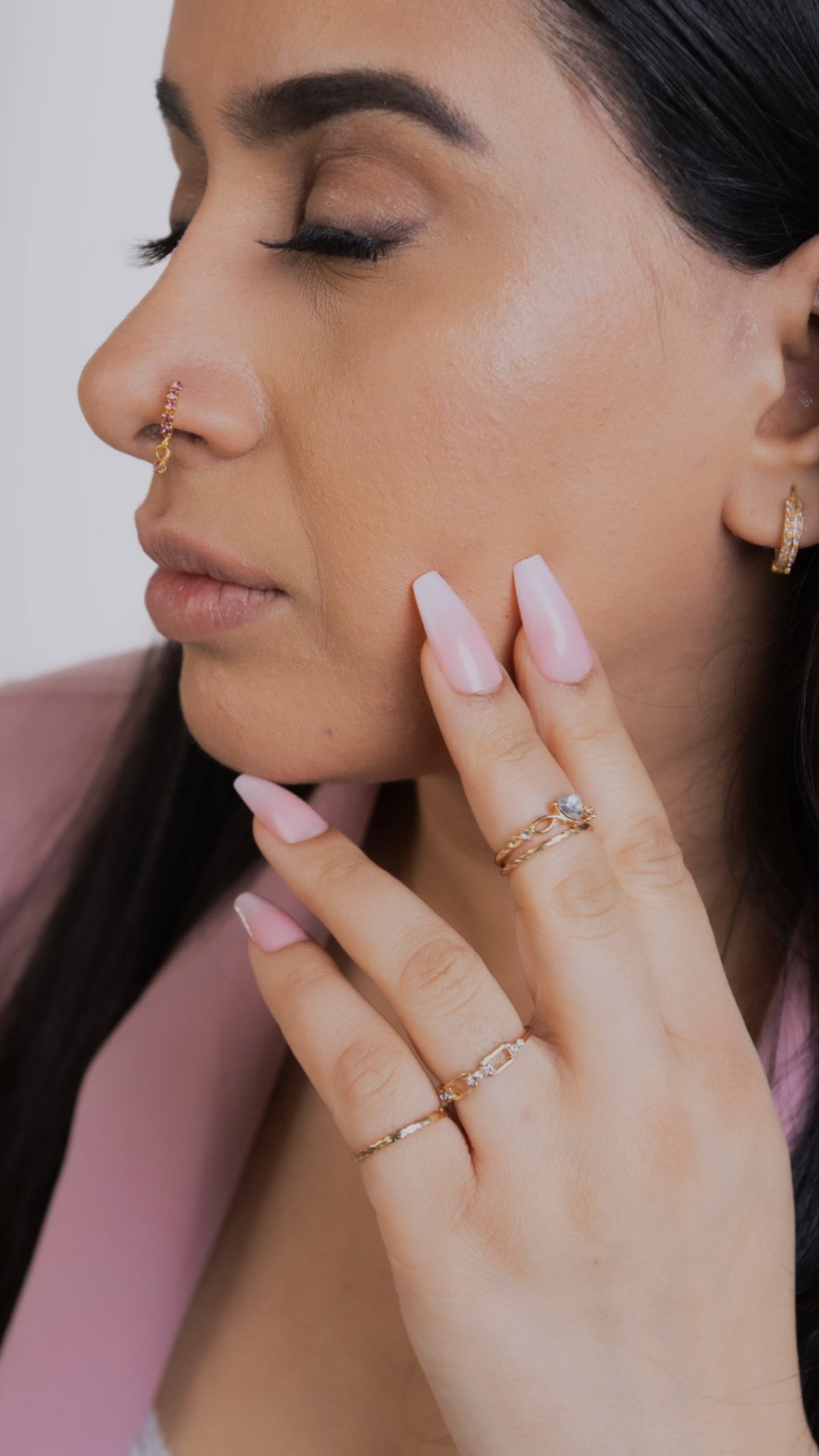 5 Stone Pink Dangle Gold Nose Ring For Pierced Nose