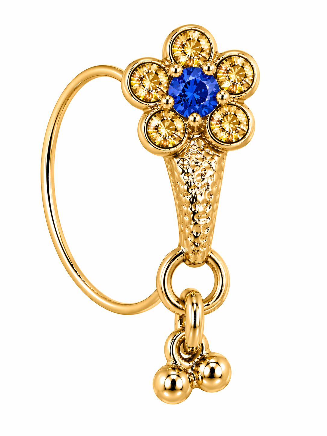 Royal Blue Flower Gold Stone Dangle Nose Ring For Pierced Nose