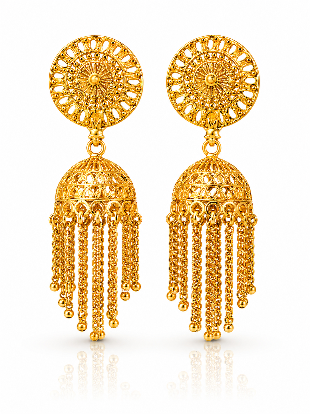 Gold Plated Round Dome Chain Thin Pin Jhumka Earrings