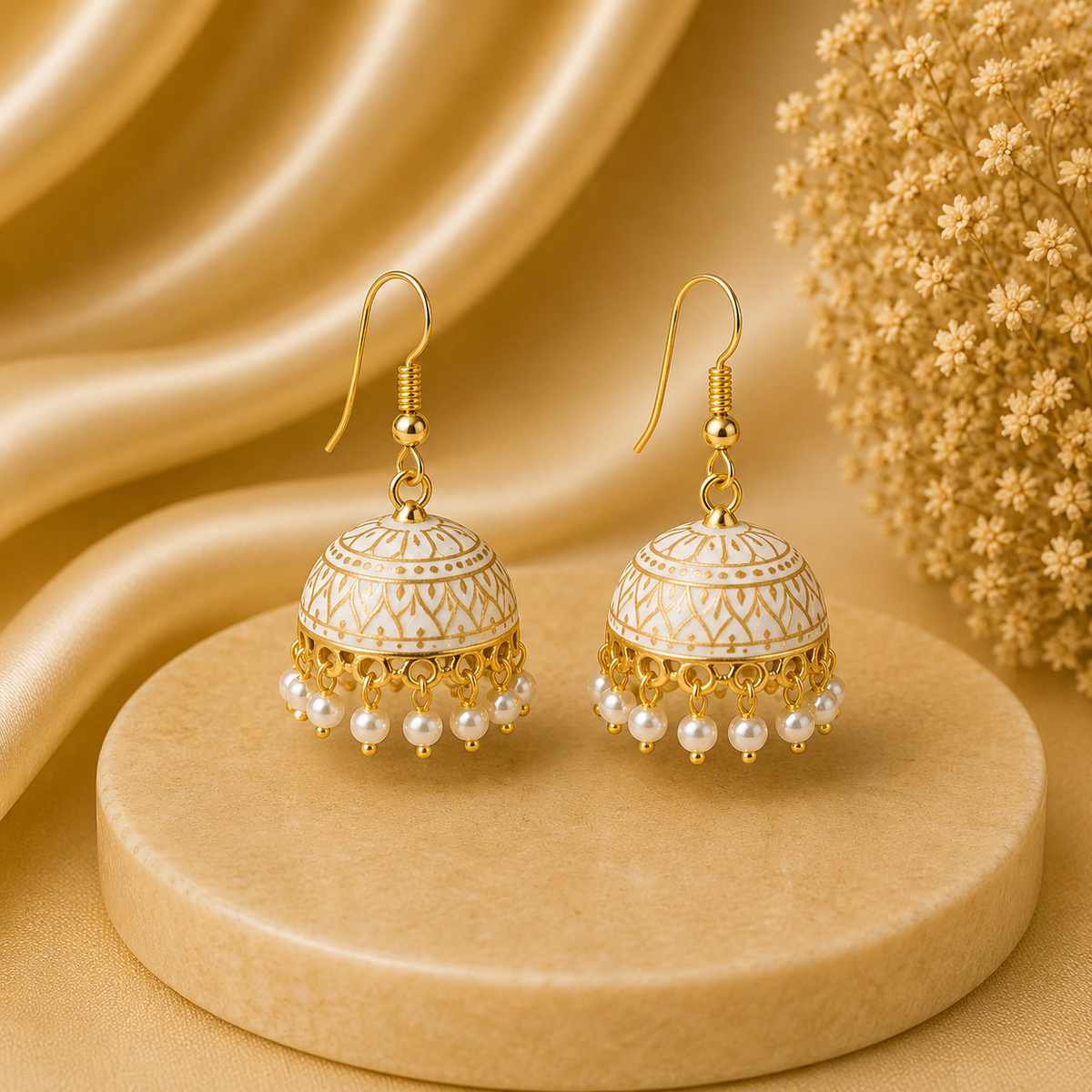 Classic White Hand Painted Jhumka Hook Dangle Earring