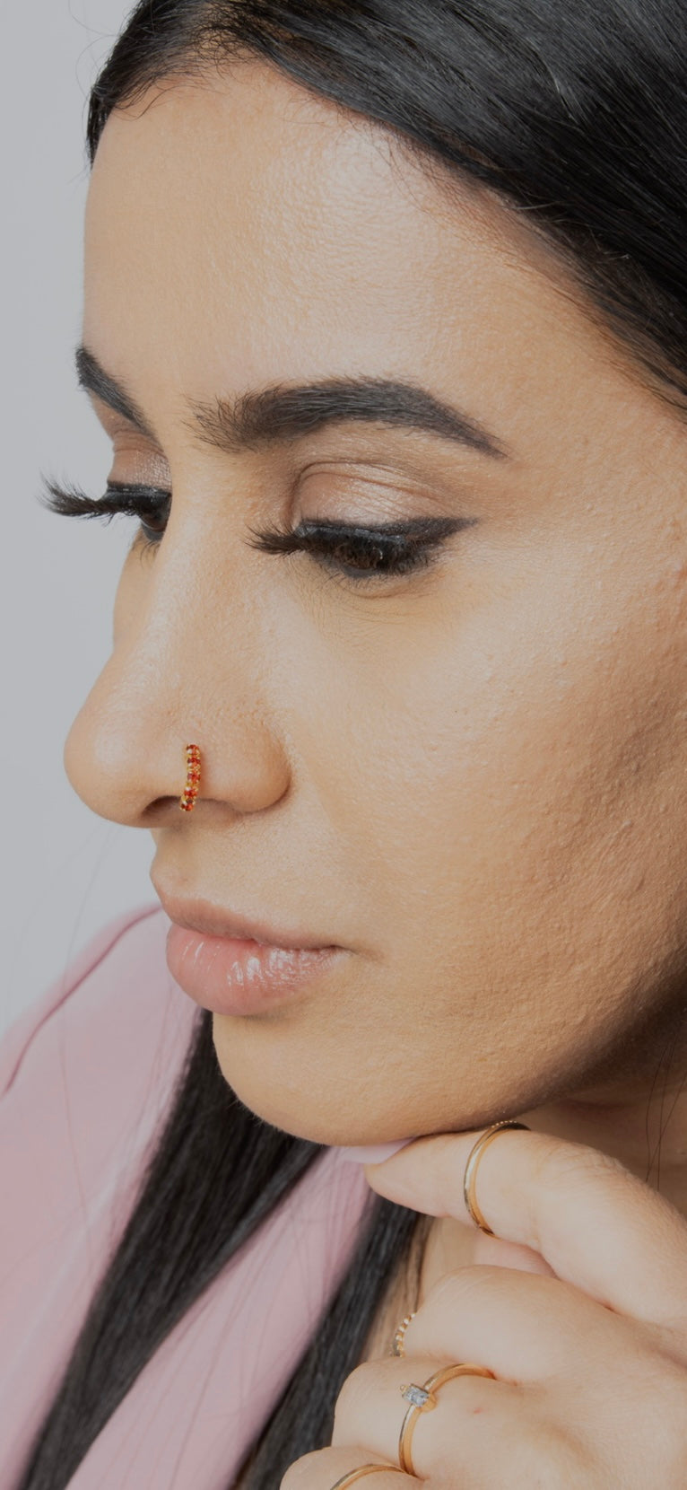 5 Stone Red Gold Nose Ring For Non Pierced And Pierced Nose