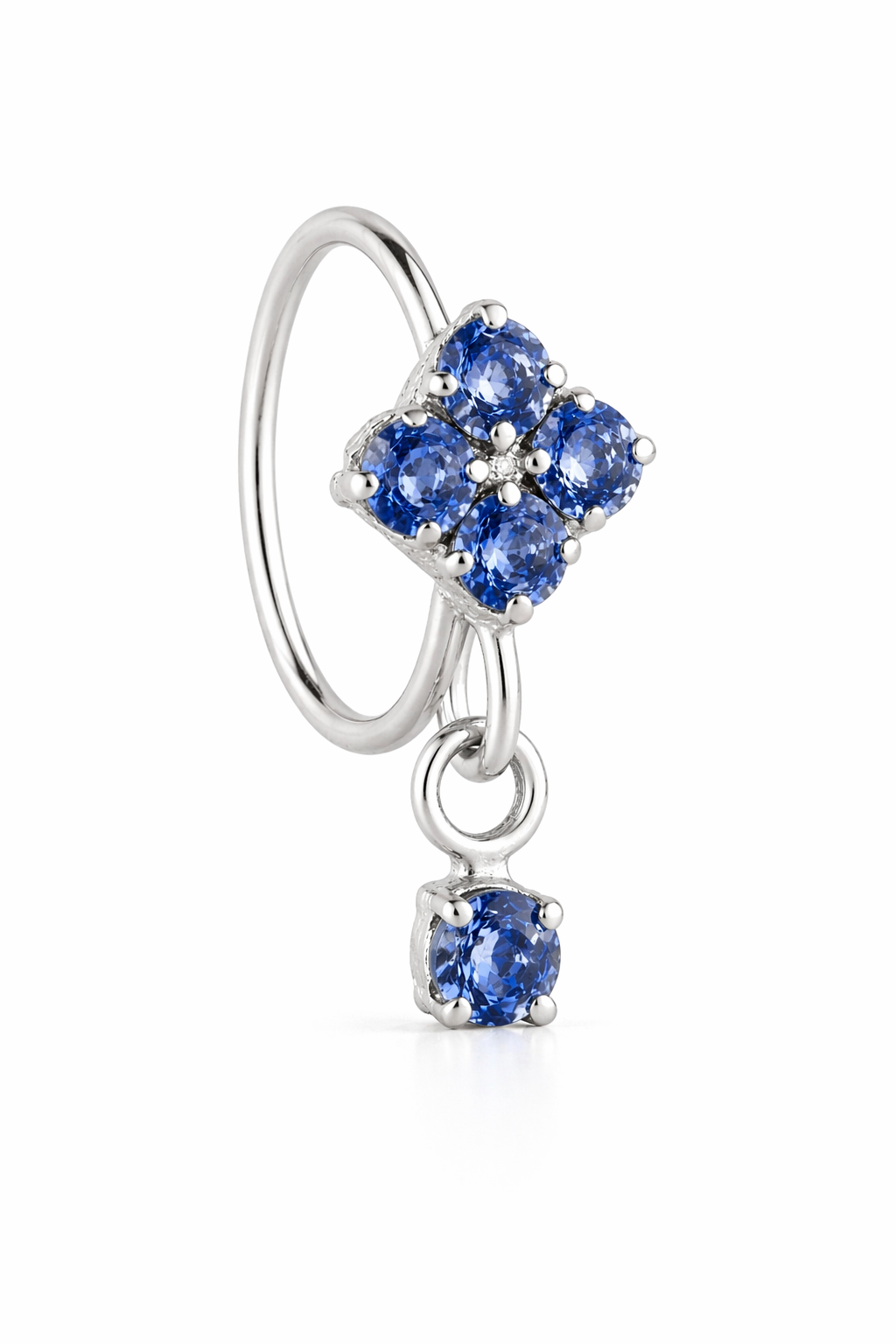 Dark Blue Square Small Gem Dangle Silver Nose Ring For Pierced Nose