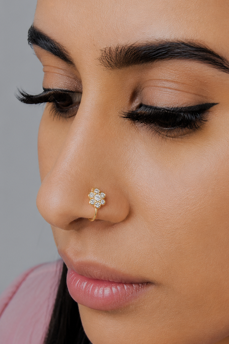 White Stone Flower Nose Ring For Pierced & Non Pierced Nose