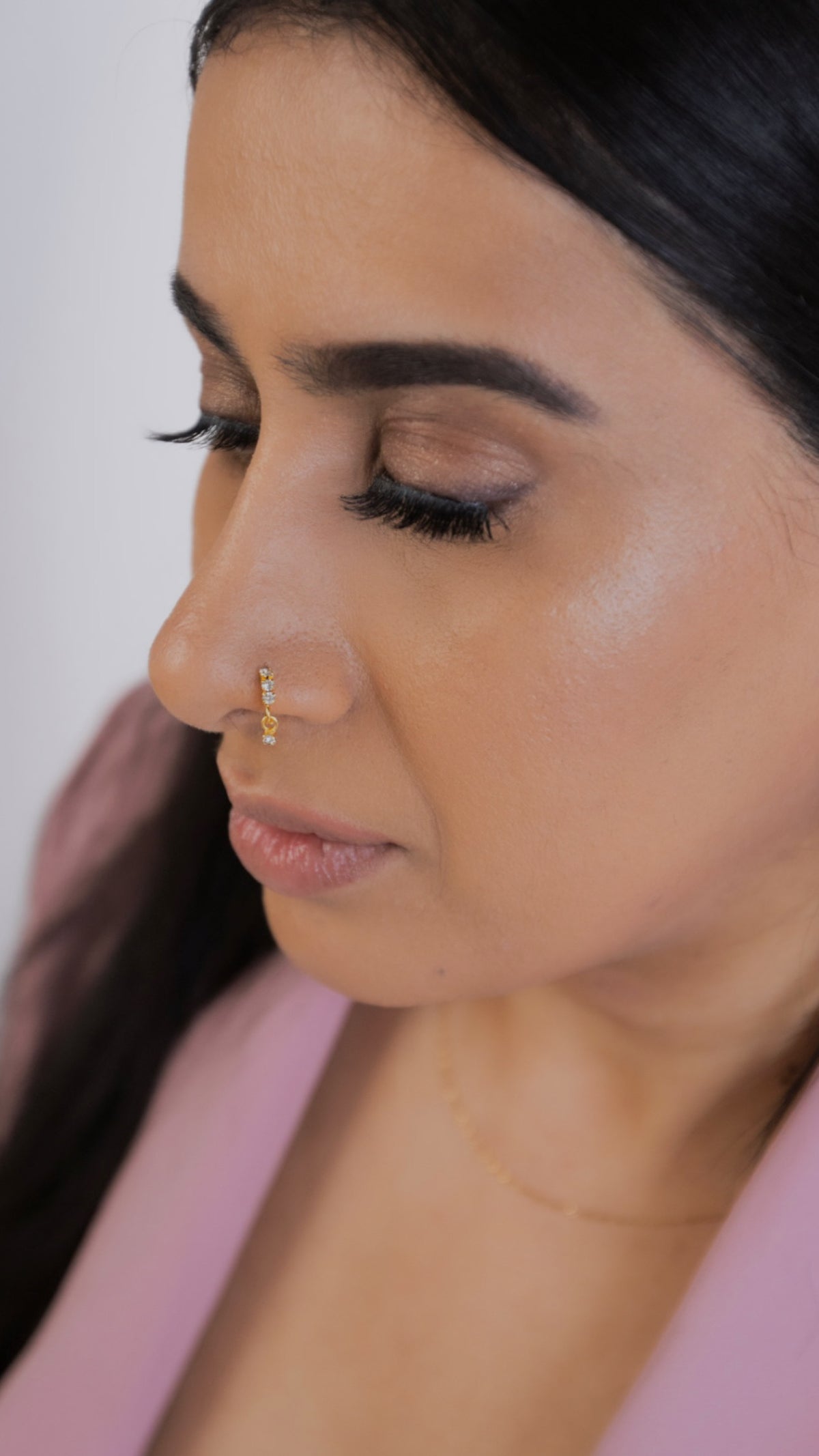 3 Stone Gold Dangle Nose Ring For a Pierced Nose