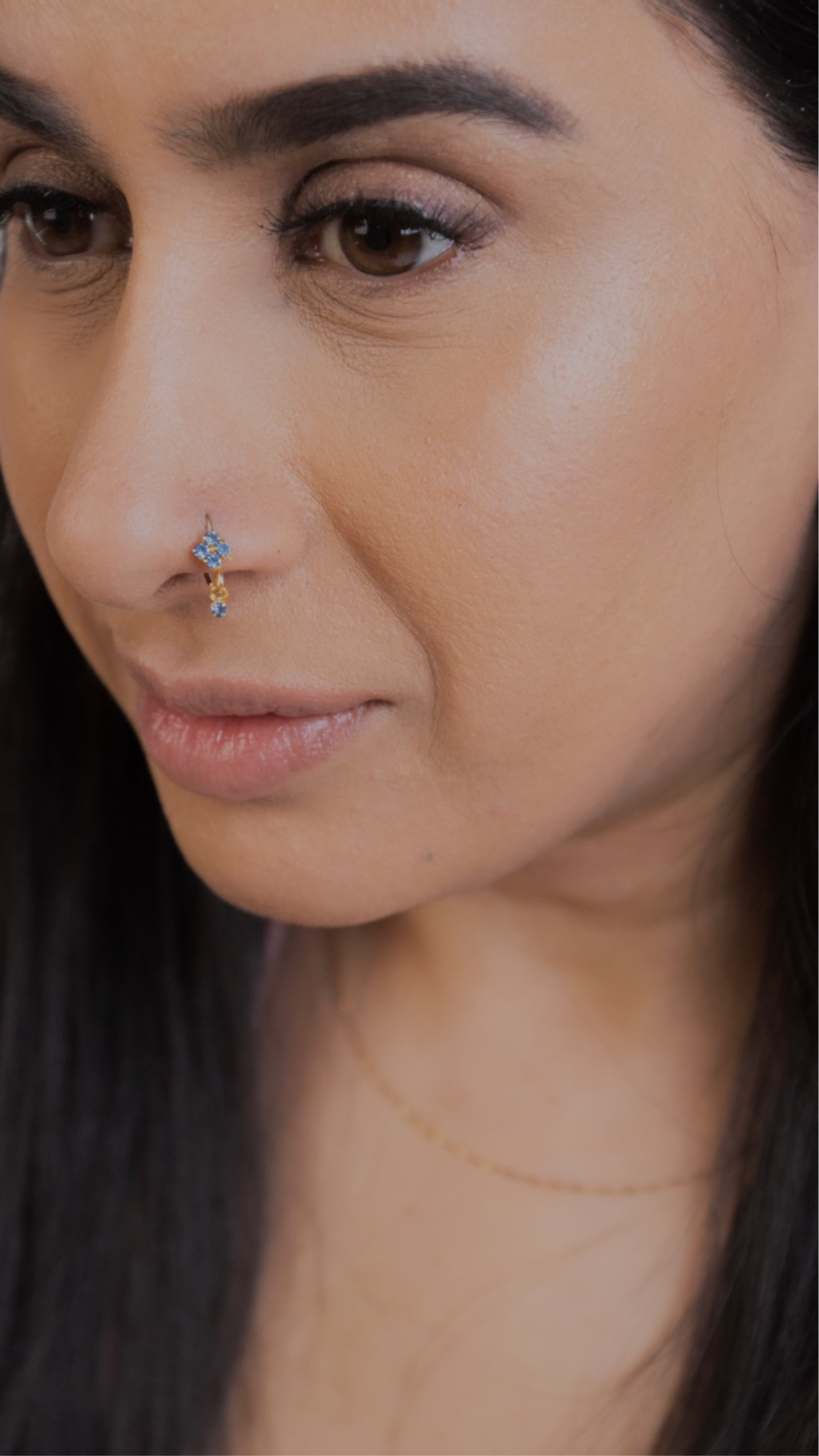 Light Blue Square Small Gem Dangle Gold Nose Ring For Pierced Nose