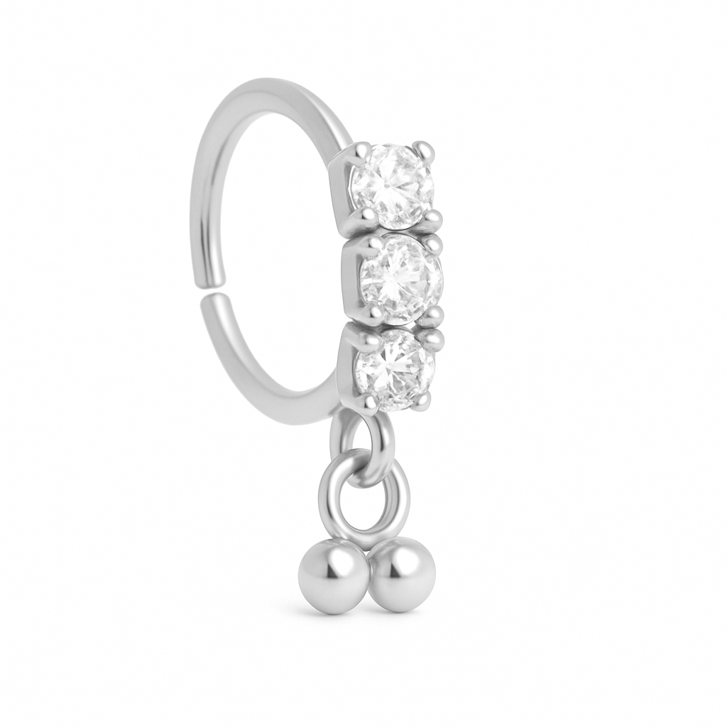 3 Stone Silver Ball Dangle Nose Ring For a Pierced Nose