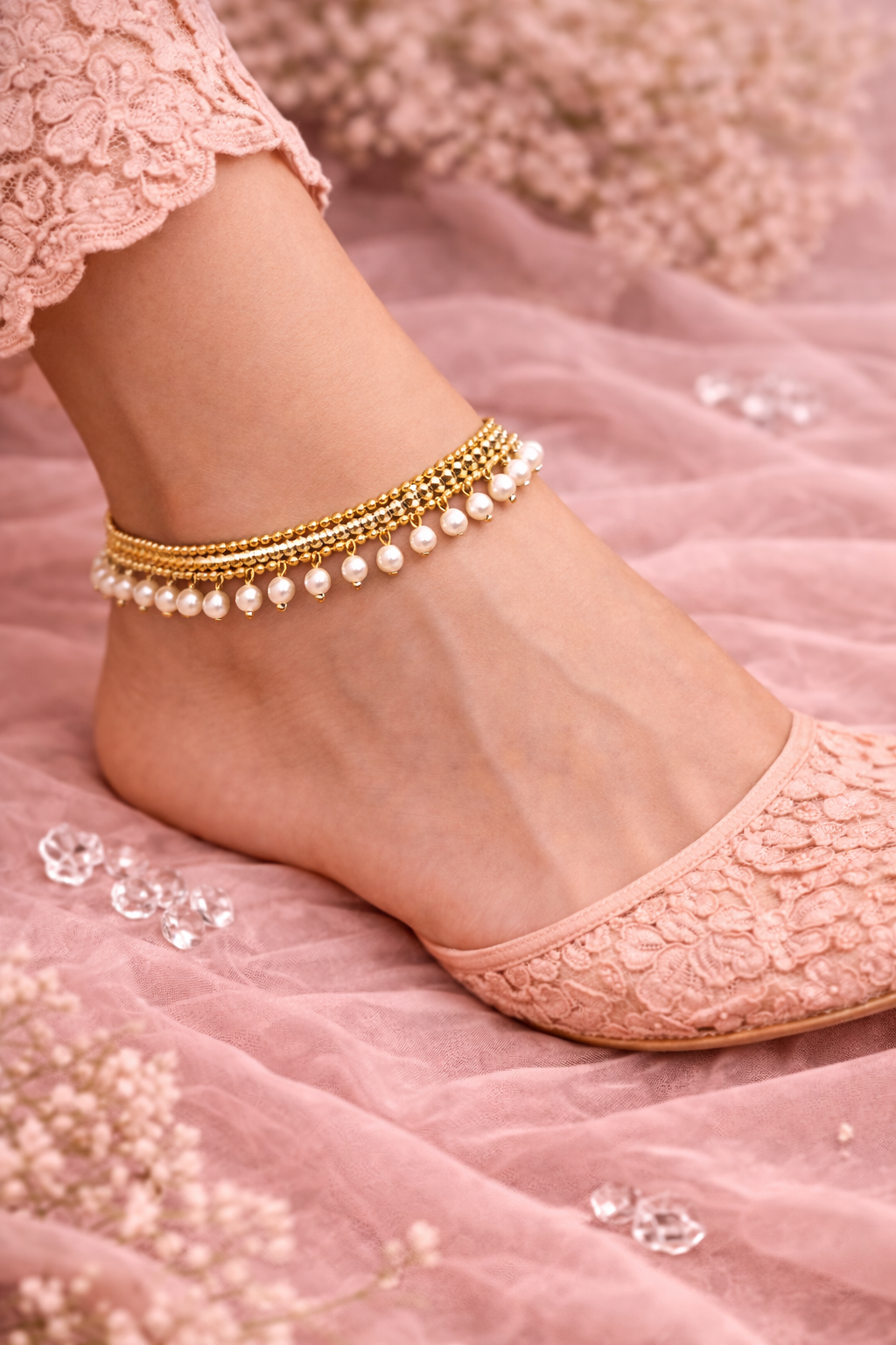 Moonlight Pearl Gold Payal | Anklet Set | Indian Anklet | Bridal Payal 672 - 74