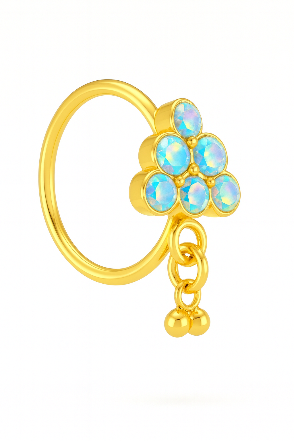 Rainbow triangle 6 Stone Ball Dangle Gold Nose Ring for a Pierced Nose