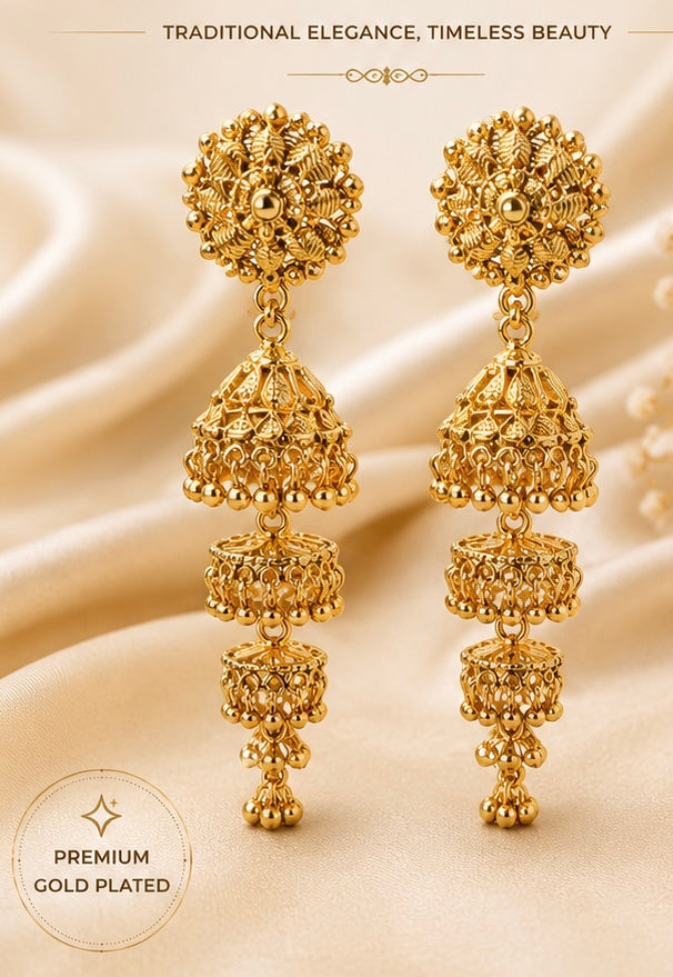 Gold plated Long Ava Jhumka Earring Thick Back Straight Pin