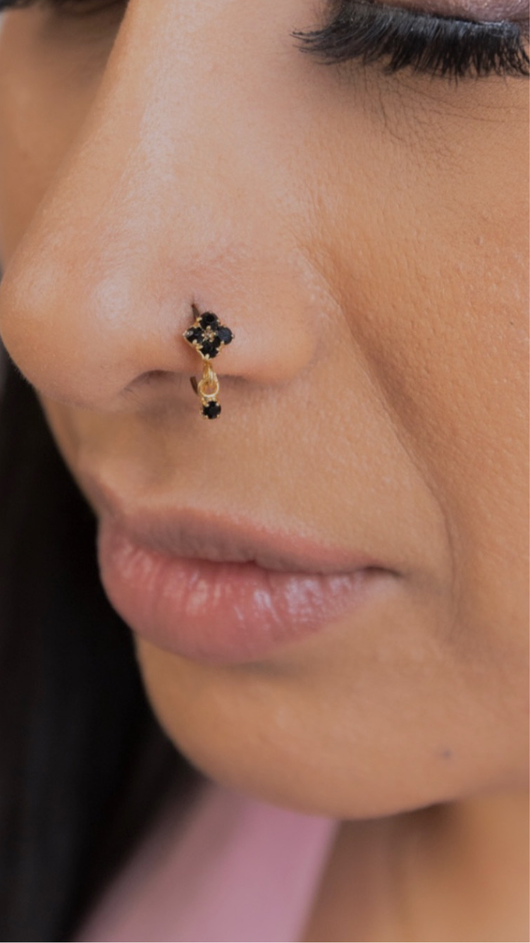 Non hypoallergenic Black Square Small Gem Dangle Gold Hypoallergenic Nose Ring For Pierced Nose