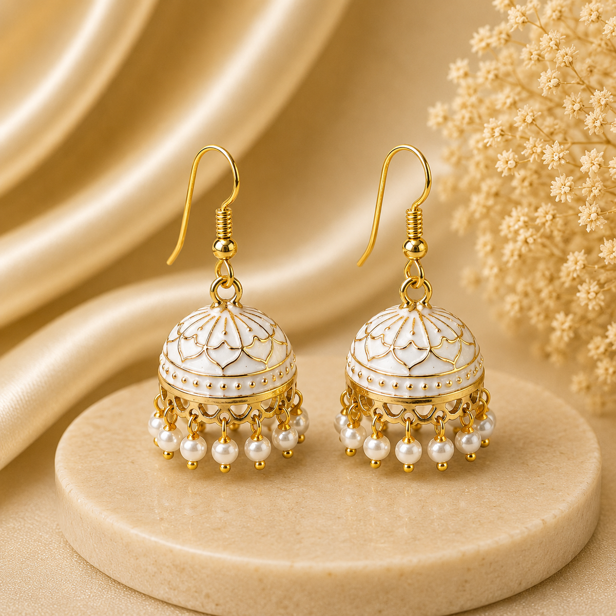 Pearl White Hand Painted Jhumka Hook Dangle Earring
